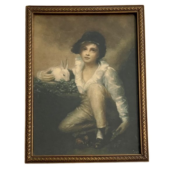 Other - 8.5x6.5 Glass Framed Child With Rabbit Picture Painting